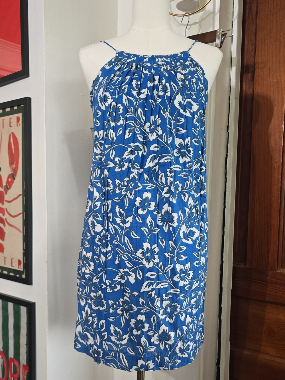 Blue Floral Halter Sundress with Gathered Neckline